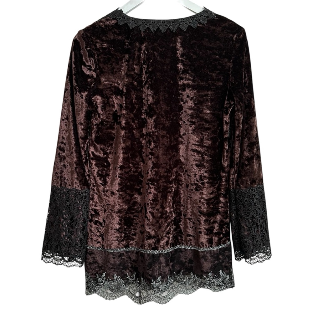 Brown Velvet Black Lace Embellished Beaded Fairycore Top Vintage Y2K - Picture 3 of 8